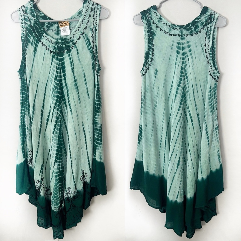 Tie Dye Green Embroidered Midi Dress Asymmetrical Hem Beach Swim Coverup Boho